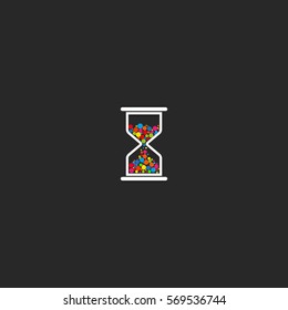 Hourglass logo time icon creative idea on black background, sandglass colored circles timer emblem