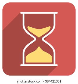Hourglass long shadow vector icon. Style is a flat symbol on a red rounded square button.