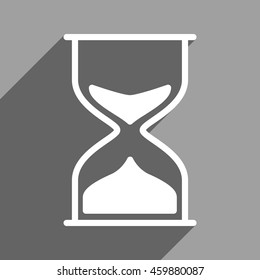 Hourglass long shadow vector icon. Style is a flat hourglass white iconic symbol on a gray square background.