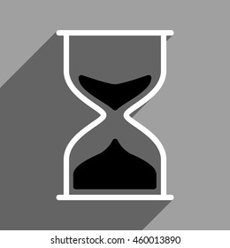 Hourglass long shadow vector icon. Style is a flat hourglass black and white iconic symbol on a gray square background.
