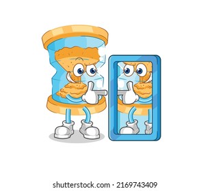 the hourglass looking into mirror cartoon. cartoon mascot vector