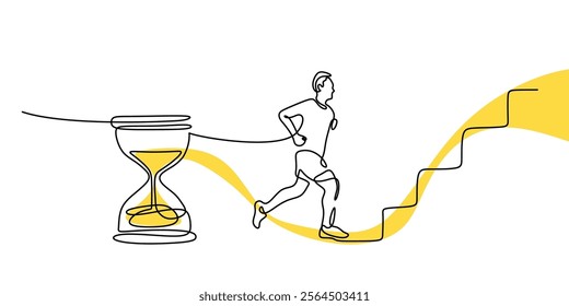 Hourglass with a man running towards stairs in continuous line drawing. Representing time management, urgency, and the race against time to achieve goals. Vector illustration hand drawn.