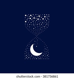 Hourglass measuring the night time. Stars and moon. Conceptual idea. Good nights. Vector Illustration.