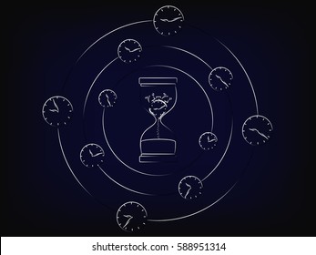 Hourglass With Melting Alarm Surrounded By Spinning Clocks, Concept Of Time Passing By Fast (vector)