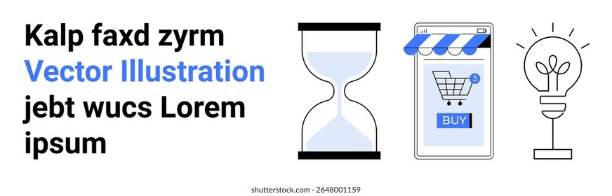 Hourglass, mobile phone with a shopping cart Buy button, lightbulb. Ideal for time management, e-commerce, online shopping, creative ideas, innovation, business, digital marketing