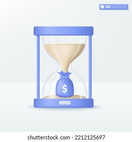 Hourglass and money bag icon symbols. accumulate, growth asset, Business financial Investment concept. 3D vector isolated illustration design. Cartoon pastel Minimal style. For design ux, ui, print ad