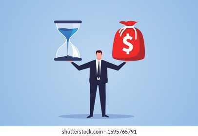 Hourglass and money bag on businessman palm