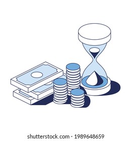 Hourglass money coins. Vector 3d line isometric, color web icons, new flat style. Creative design idea for infographics.