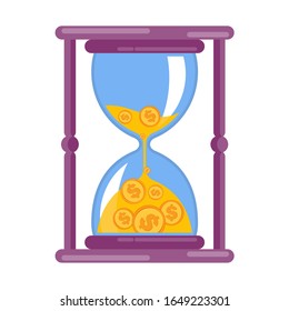 Hourglass with money. Flat vector cartoon illustration. Objects isolated on a white background.