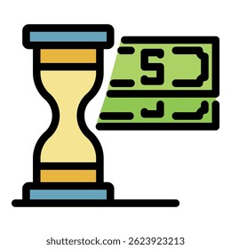 Hourglass money icon. Outline hourglass money vector icon color flat isolated