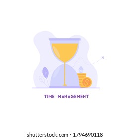 Hourglass with money. Task organization for effective productivity. Concept of time management, productivity, multitasking. Vector illustration in flat design for UI, web banner, landing page