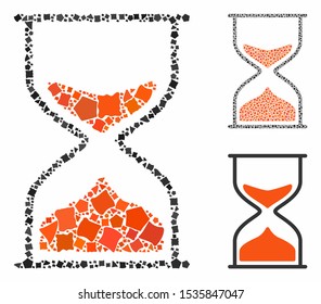 Hourglass mosaic of tuberous pieces in variable sizes and shades, based on hourglass icon. Vector tuberous pieces are composed into illustration. Hourglass icons collage with dotted pattern.
