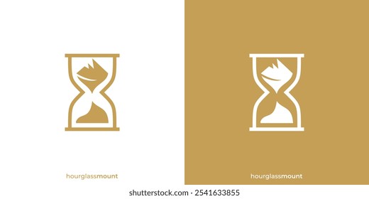 Stundenglas-Mount-Logo. Sanduhr und Berg, Gipfel, Hügel, Gipfelgrafik. Abenteuer-Logo, Symbol, Symbol, Vektorgrafik, Design-Inspiration.