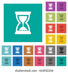 Hourglass multi colored flat icons on plain square backgrounds. Included white and darker icon variations for hover or active effects.
