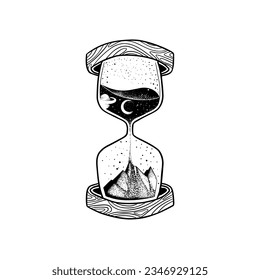 Hourglass with nature element inside. Black and white hand drawn sketch vector illustration isolated on white background, Sand watch glass engraving vector illustration.