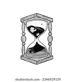 Hourglass with nature element inside. Black and white hand drawn sketch vector illustration isolated on white background, Sand watch glass engraving vector illustration.