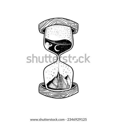 Hourglass with nature element inside. Black and white hand drawn sketch vector illustration isolated on white background, Sand watch glass engraving vector illustration.