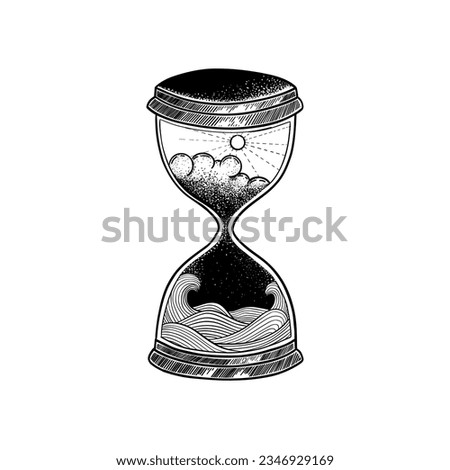 Hourglass with nature element inside. Black and white hand drawn sketch vector illustration isolated on white background, Sand watch glass engraving vector illustration.
