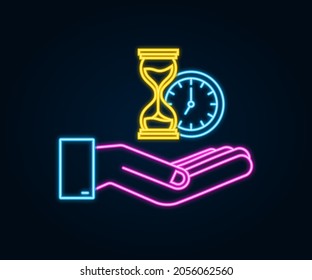 Hourglass neon icon. Hands holding hougglass and sandglass. Highly detailed. Antique clock with sand inside. Vector illustration.