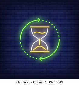 Hourglass neon sign. Time, round clock service concept design. Night bright neon sign, colorful billboard, light banner. Vector illustration in neon style.