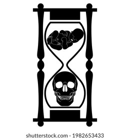Hourglass with a newborn baby and human skull inside. Creative concept. The juxtaposition of human life and death. Black and white silhouette. Memento mori. 
