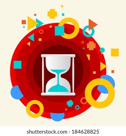 Hourglass on abstract colorful made from circles background with different elements. Flat design 
