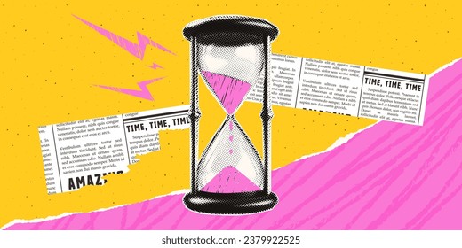 Hourglass on a bright modern background. Trendy halftone collage with torn paper and newspaper clippings. Doodle elements and grunge texture.