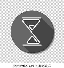 hourglass, one line, outline symbol. White flat icon with long shadow in circle on transparent background. Badge or sticker style