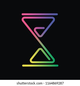 hourglass, one line, outline symbol. Rainbow color and dark background