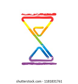 hourglass, one line, outline symbol. Drawing sign with LGBT style, seven colors of rainbow (red, orange, yellow, green, blue, indigo, violet