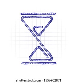 hourglass, one line, outline symbol. Hand drawn sketched picture with scribble fill. Blue ink. Doodle on white background