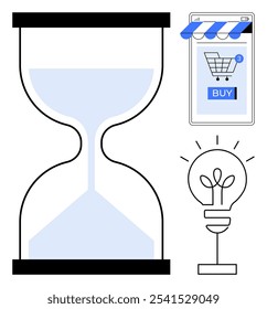 Hourglass and online shopping cart next to lightbulb. Ideal for time management, innovation, e-commerce, productivity, and online shopping. Minimalist vector style, clear and modern design