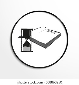 Hourglass and an open book. Conditional symbol. Vector icon.
