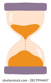 Hourglass with orange sand and purple frame, hand drawn in a simple pastel style and isolated on a white background.