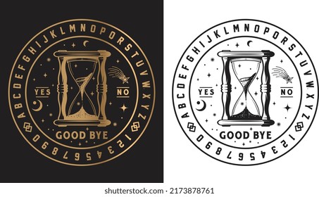 Hourglass Ouija board surrounded by alphabet and star on white and black background. svg
