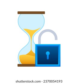 Hourglass with a padlock. Clock with lock. Security time. Early Access icon. Vector stock illustration