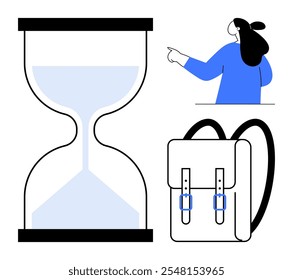 An hourglass, a person pointing to the right, and a backpack. Ideal for education, productivity, planning, organization, routine. Flat design style