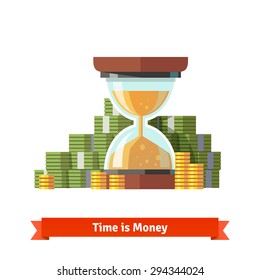 Hourglass in a pile of stacked dollar bills and coin. Time is money concept. Flat vector icon.