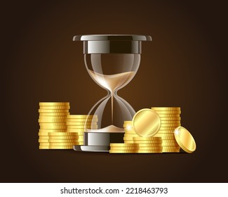 Hourglass in a pile of stacked dollar coins. Time is money concept. Realistic vector illustration