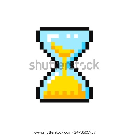 Hourglass, pixel item for game interface. Time game element. Hourglass, 8 bit resource.