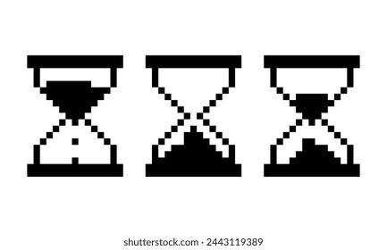 Sanduhr in Pixeln. Das Symbol einer Pixeluhr aus Sandglas. Vektorgrafik eines Satzes von Objekten. Die restliche Zeit, fließender Sand, Countdown