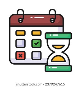 Hourglass with planner showing concept vector of project deadline, time and date icon