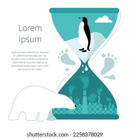 Hourglass with polar bear, penguin and urban city emissions co2. The glacier melt, climate change. STOP GLOBAL WARMING.  Vector illustration  with carbon footprint.