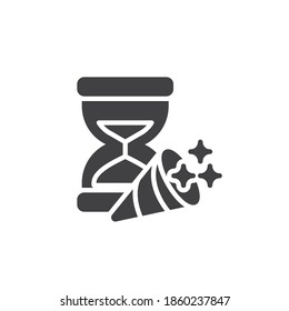Hourglass and popper vector icon. filled flat sign for mobile concept and web design. Happy New Year party time glyph icon. Symbol, logo illustration. Vector graphics