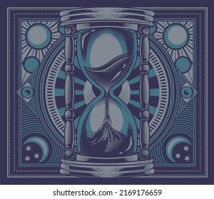 Hourglass poster design with celestial bodies background. Vector illustration of sand watch device in engraving technique.