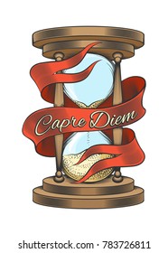 Hourglass with ribbon and wording Capre Diem means Seize the day. Colorful hand drawn vector illustration in engraving style isolated on white background.