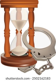 Hourglass is running out of time while being held by handcuffs