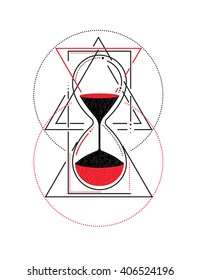 Hourglass. Sacred geometry. White, black and red. Vector illustration isolated. Tattoo design, mystic time symbol for your use.