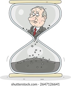 Hourglass with a sad government official whose time is running out, vector cartoon illustration on a white background