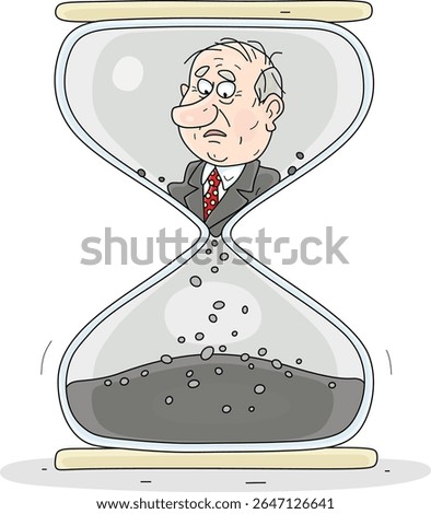 Hourglass with a sad government official whose time is running out, vector cartoon illustration on a white background